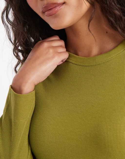 New Look crew neck ribbed long sleeve top in lime green, 3 of 4