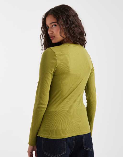 New Look crew neck ribbed long sleeve top in lime green, 4 of 4
