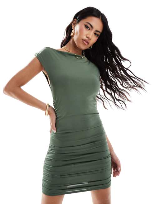 New Look crew neck ruched mini dress in khaki