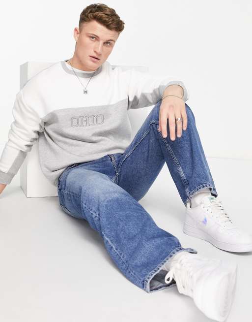 New Look crew sweat with Ohio print in colour block grey
