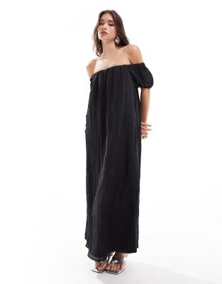 New Look crinkle bardot maxi dress in black