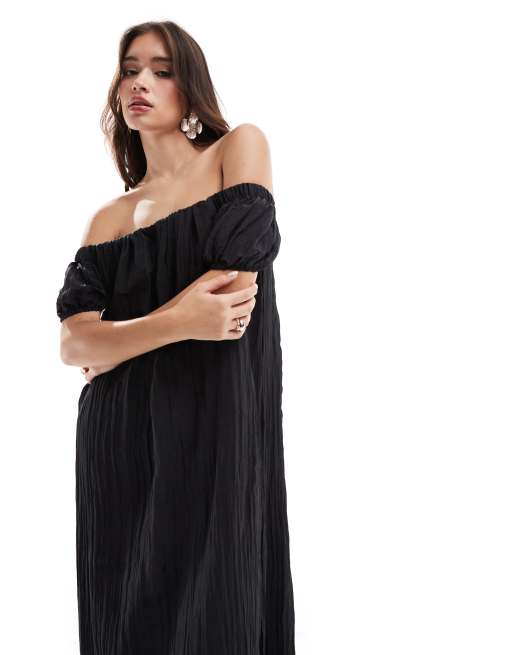 New Look crinkle bardot maxi dress in black