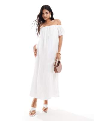 New Look crinkle bardot maxi dress in white