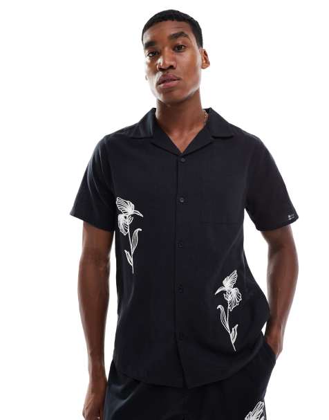 New Look crinkle embroidered shirt co-ord in black