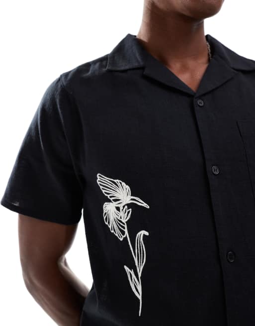 New Look crinkle embroidered shirt in black (part of a set), 3 of 4