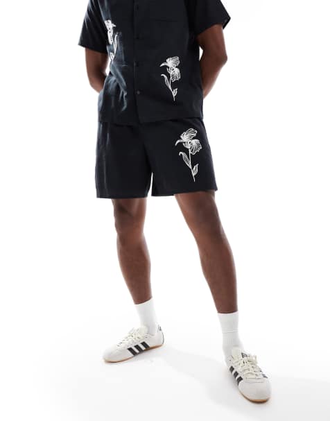 New Look crinkle embroidered shirt & shorts set in black - view 1