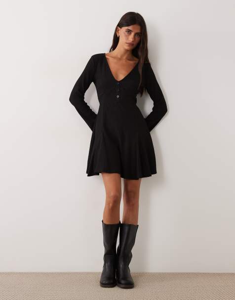 New Look crinkle flared sleeve button mini dress in black - view 1