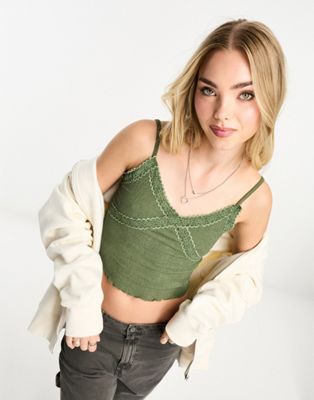 New Look crinkle lace trim cami in khaki - ASOS Price Checker