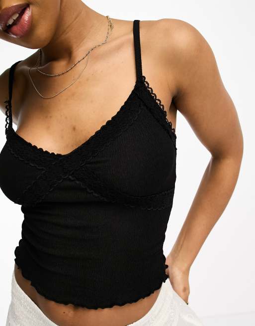 New Look crinkle lace trim cami top in black