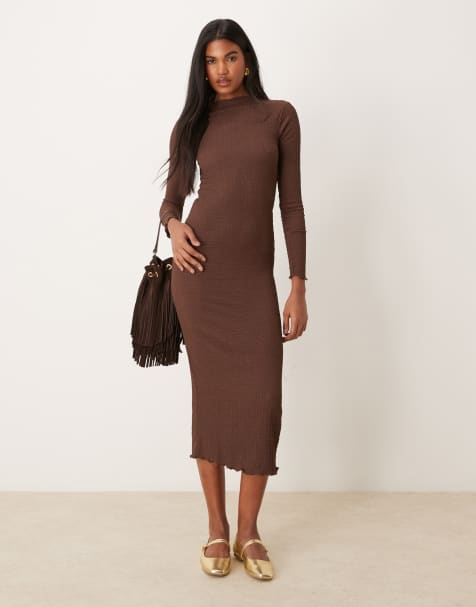 New Look crinkle long sleeve midi dress in brown - view 1