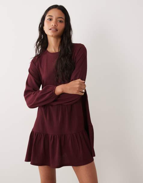 New Look crinkle long sleeve mini dress in burgundy - view 1