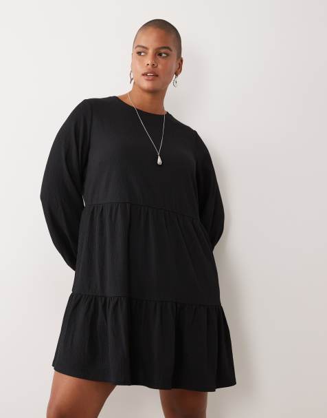 New Look crinkle long sleeve smock mini dress in black - view 1