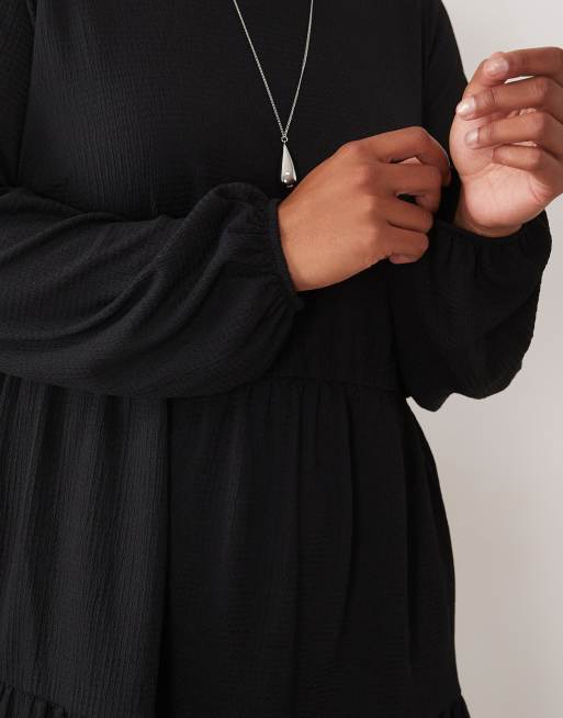 New Look crinkle long sleeve smock mini dress in black, 3 of 4