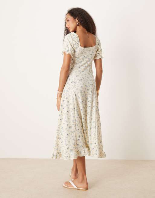 new look floral midi dress New Look crinkle milkmaid midi dress in cream floral