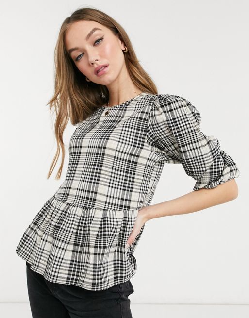 New Look crinkle puff sleeve blouse in black check