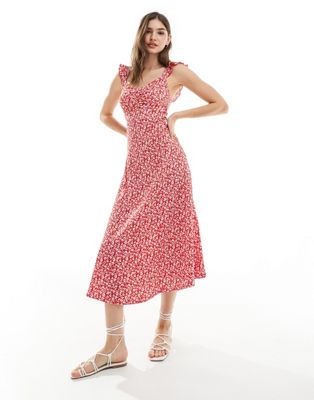 New Look crinkle ruched front midi dress in red floral
