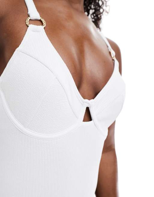 New Look crinkle textured swimsuit in white, 2 of 4
