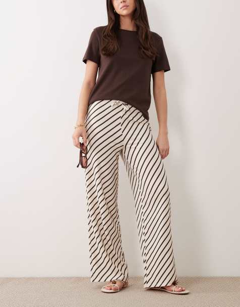 New Look crinkle wide leg trouser in cream and brown stripe - view 1