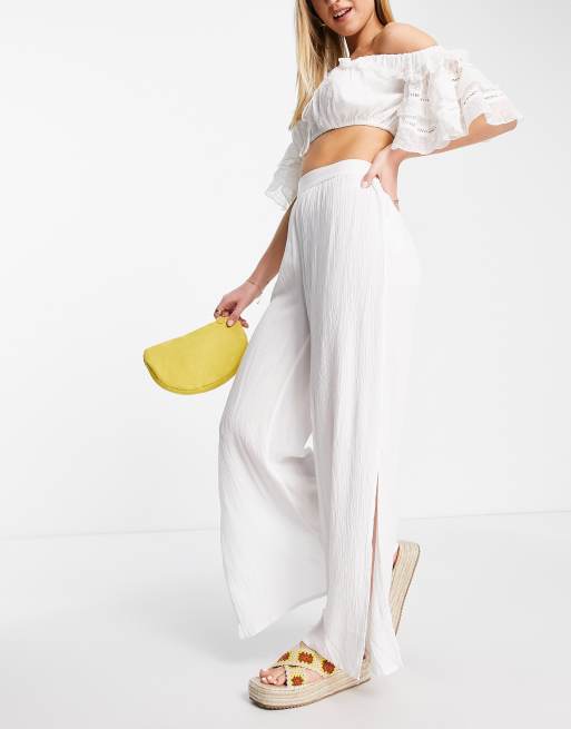 New Look crinkle wide leg trousers in white ASOS