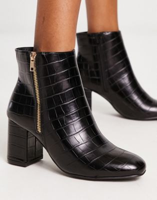 New Look croc effect heeld ankle boots with gold zip detail in black