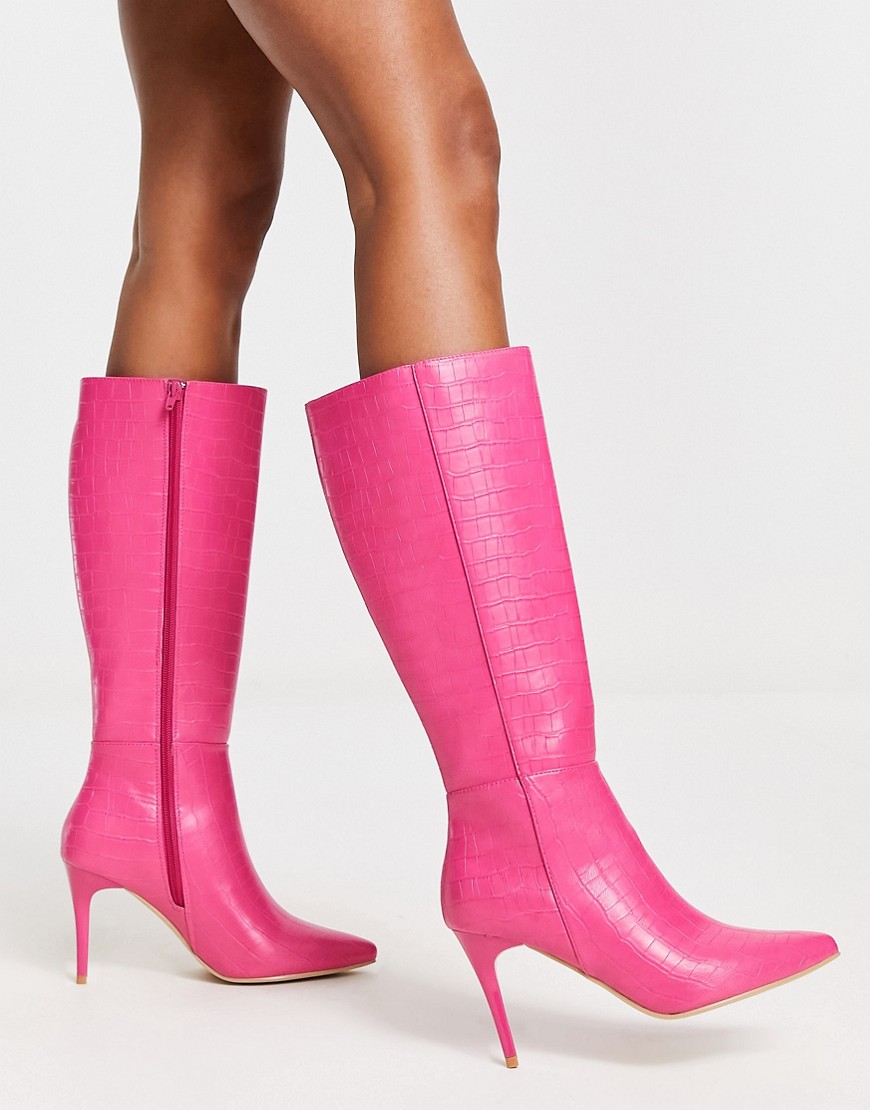 New Look croc knee high heeled boots in pink