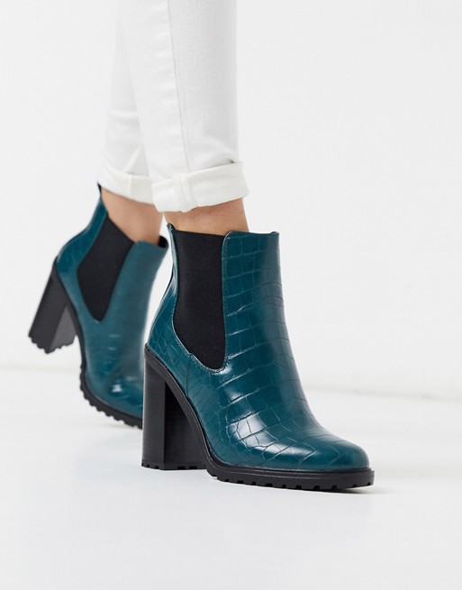 New Look croc pu chunky ankle boot in green | ASOS