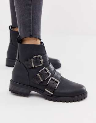 new look chunky lace up flat boots in black croc