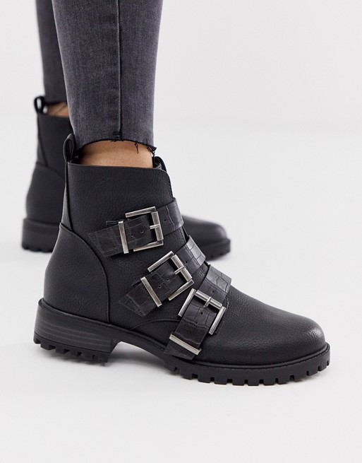New Look croc strap flat boots in black | ASOS
