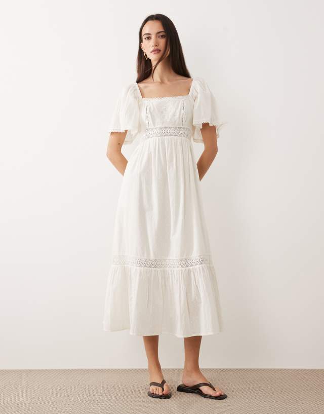 New Look crochet detail dobby square neck midi dress in cream | ASOS