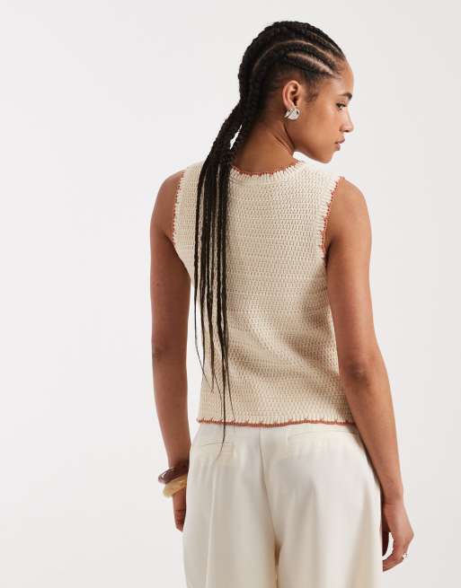 New Look crochet embroidered knitted singlet in cream, 4 of 4
