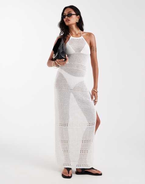 New Look crochet halter maxi dress in cream - view 1