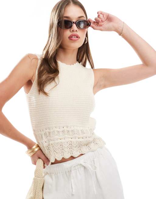 New Look crochet hem knitted singlet in cream