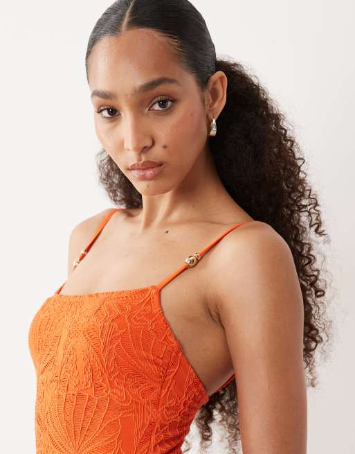 New Look crochet ruched side swimsuit in orange pattern, 2 of 4