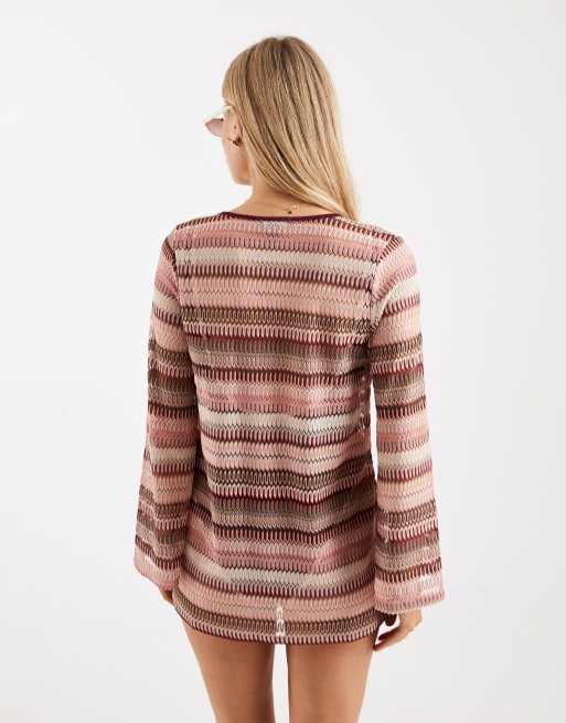 New Look crochet stripe kaftan in pink, 2 of 4