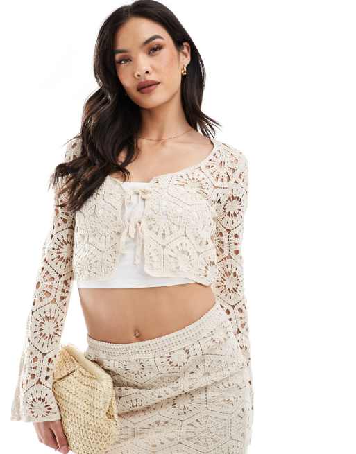 New Look crochet tie front cardigan in off white (part of a set)