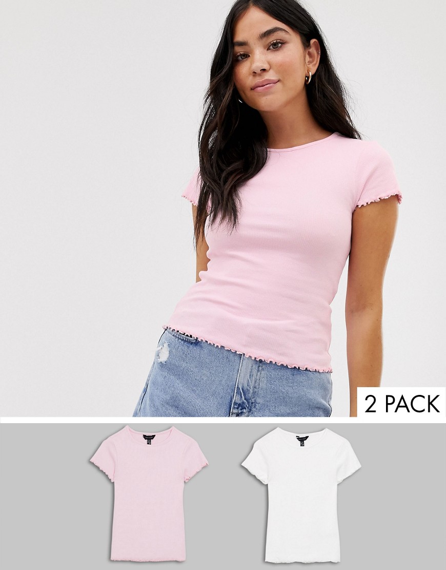 New Look - Crop T-shirt met ribbels in set van 2 in wit en roze-Multi