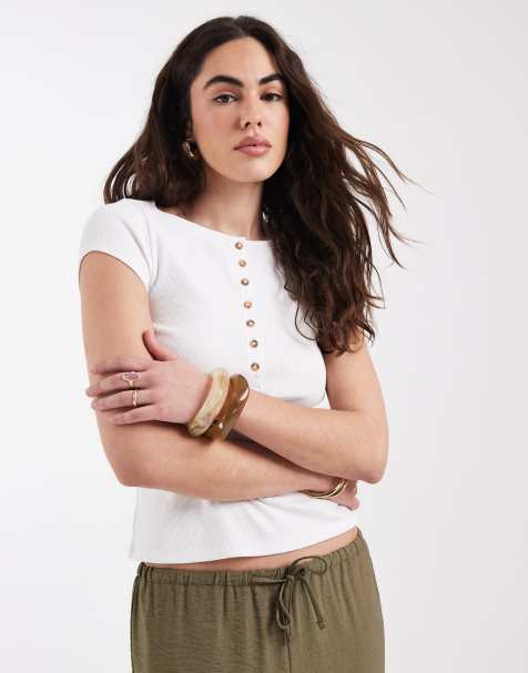 New Look - Crop top a maniche corte bianco con bottoni - view 1