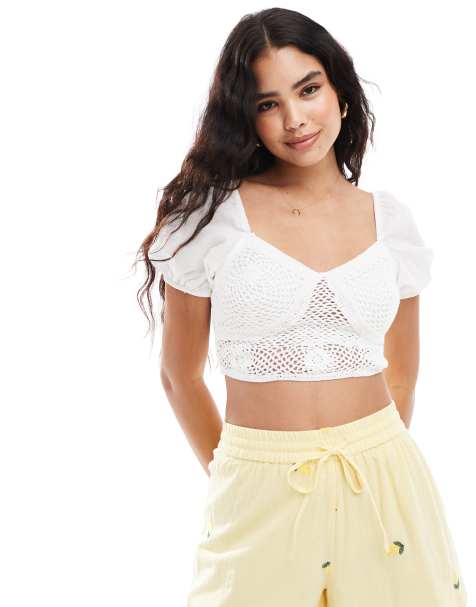 New Look - Crop top bianco all'uncinetto con maniche a sbuffo - view 1