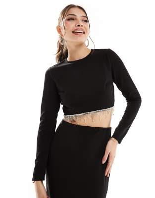 New Look - Crop top nero glitterato con finiture in strass