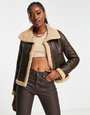 New Look cropped aviator coat in dark brown with contrast borg - ASOS Price Checker