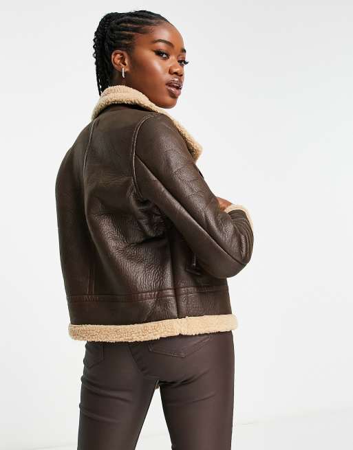 Brown Faux Suede Contrast Borg Oversized Jacket