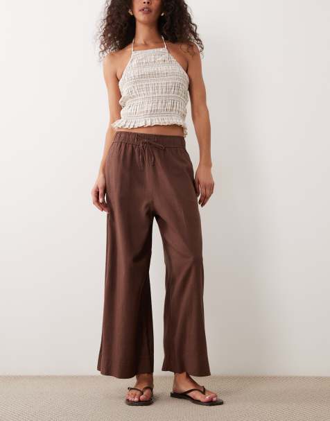 New Look - Cropped broek met linnenlook in bruin - view 1