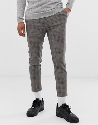 New Look cropped check trousers in brown | ASOS