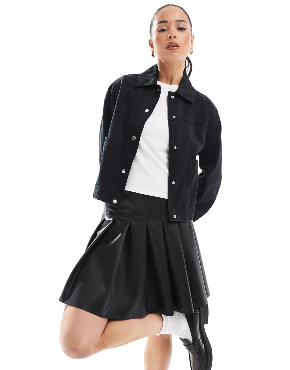 New Look cropped cotton shacket in black