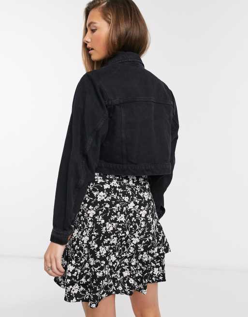 Black cropped denim shop jacket new look