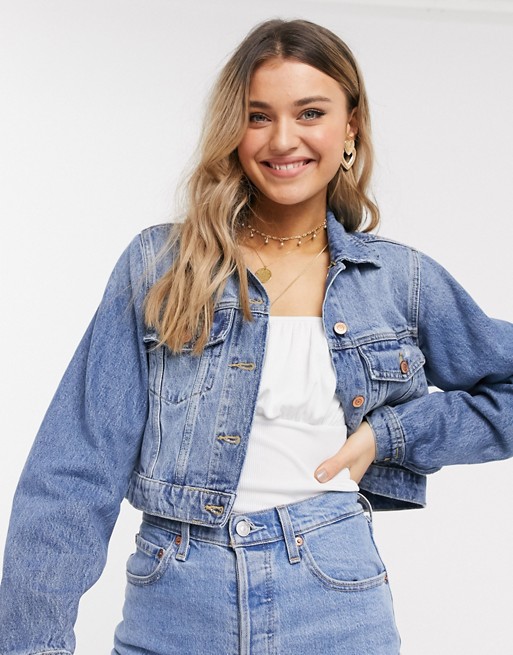 New Look cropped denim jacket in mid blue wash