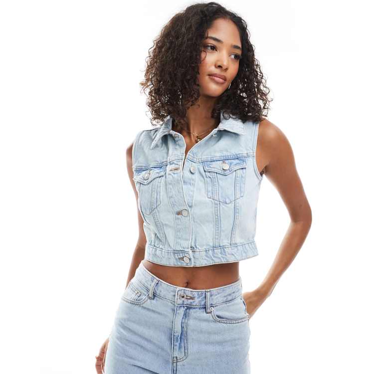 New Look cropped denim waistcoat in dark blue | ASOS