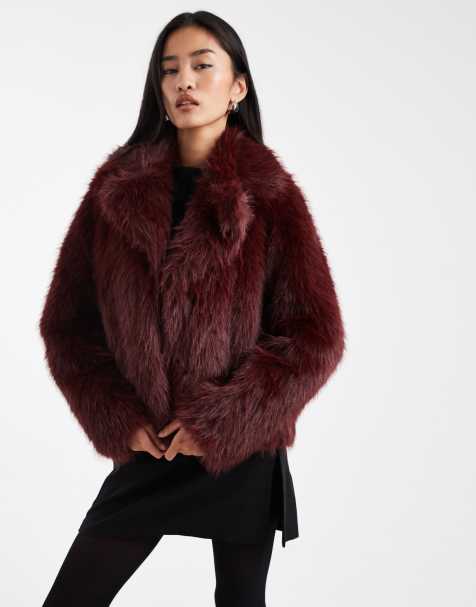 New Look cropped faux fur jacket in burgundy - view 1