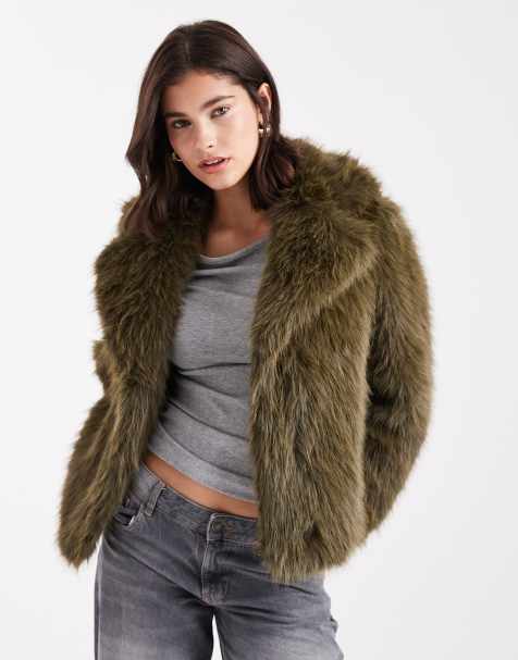 New Look cropped faux fur jacket in khaki - view 1