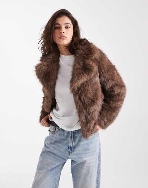 New Look cropped faux fur jacket in mid brown - view 1